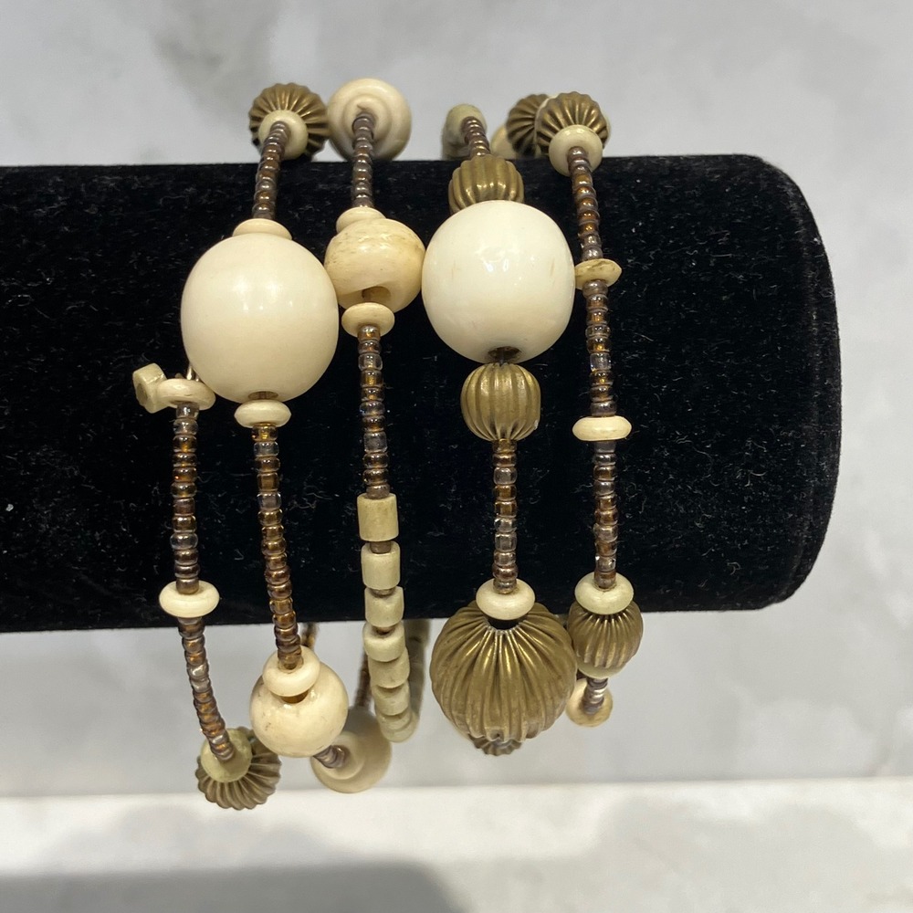 Vtg 50s Boho Cream Gold Fluted Beads Multi Strand Memory Wire Wrap Bracelet